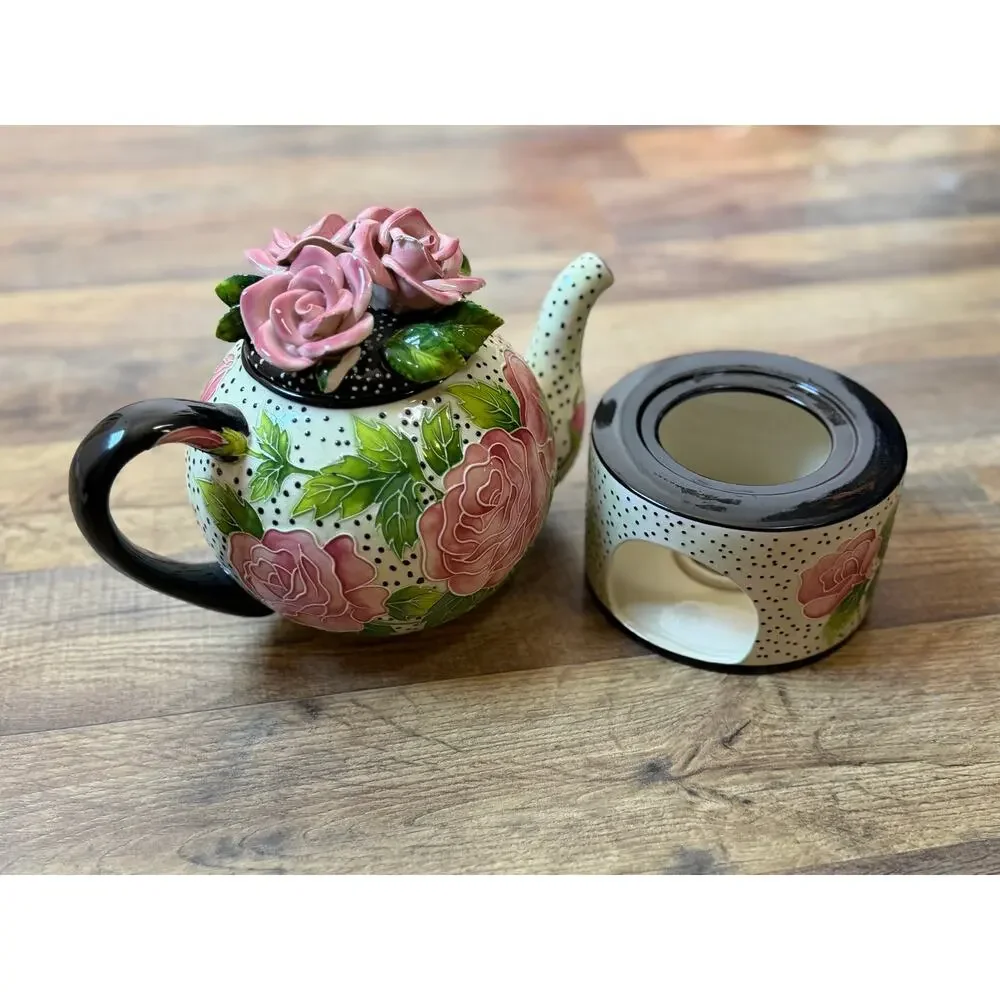 J McCall Blue Sky 2004 Floral Rose Polka Dot Teapot Tea Warmer Set Vintage